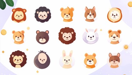 Fototapeta premium A modern and charming set of pastel-colored illustrations showcasing baby animals from the wild woods. Ideal for baby shower and nursery, the set comprises a bear, tiger, lion, rabbit, giraffe,