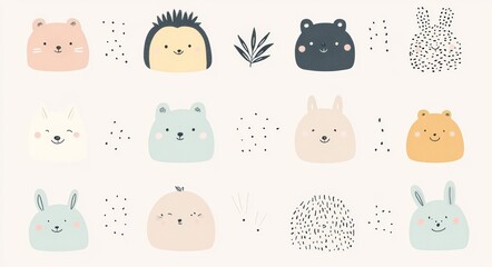 A delightful modern cartoon illustration of woodland animals, suitable for a baby shower. The set comprises a bear, tiger, lion, zebra, giraffe, elephant, monkey, fox, rabbit, and raccoon