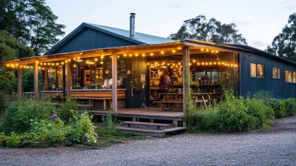 Obraz premium Rustic farm shop at dusk with outdoor seating.