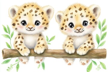 Jaguars and wild leopards in realistic and exotic styles, sweet animals with cat-like charm, rendered in watercolor