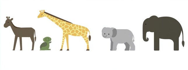 Obraz premium Cute jungle animals. Cartoon African wild mammals. Features a funny lion, zebra, happy elephant, monkey, nice hippo, and the toucan and parrot birds. Kids' safari animal. Modern set