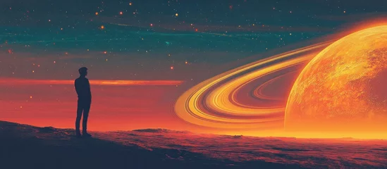  A lone silhouetted figure stands on a desolate landscape captivated by the breathtaking sight of a giant ringed planet against a starry cosmic backdrop  This surreal © Waraporn
