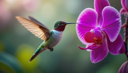 Naklejka premium Hummingbird in Flight: 4K Macro Shot of a Vibrant Ruby-throated Hummingbird Hovering Near a Pink Orchid, showcasing intricate details and vivid colors in a stunning nature scene.