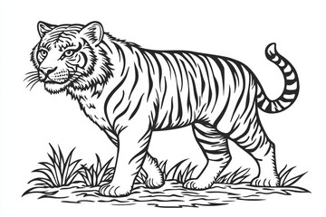 Engraving-style depiction of an African tiger in the grass. Big wild cat illustrated by hand on a light background. Predatory wild animal of the savannah portrayed in retro vintage style. Modern take