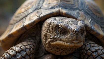 Naklejka premium Intense Gaze: Macro Shot of a Tortoise - 4K High-Resolution Wildlife Photography