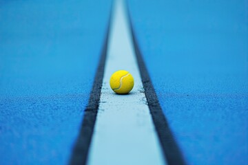 A ball on the boundary lines of a blue paddle tennis court, illustrating the concept of racket sports
