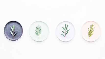Minimalist display of greenery on colorful plates against a white background