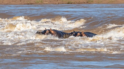 Fototapeta premium Swimming in a calm lake, three hippos smile broadly and pose for the camera. The peaceful setting is enhanced by the water's reflection of the hippos' elegance