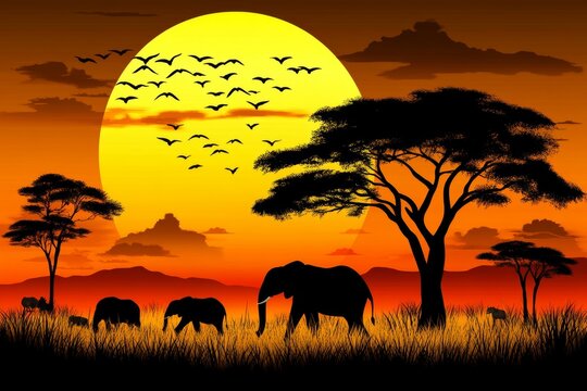 Fototapeta Elephants stand in a field with the golden hues of sunset