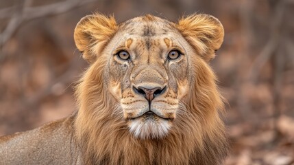 Obraz premium The image focuses on a lion with a regal golden mane, locking eyes with the camera. The blurred background emphasizes the lion's presence and importance. Its gaze is intense and commanding