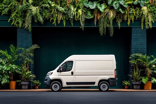 A sleek delivery van stands out against a lush backdrop of plants, showcasing nature's beauty blended with urban utility.