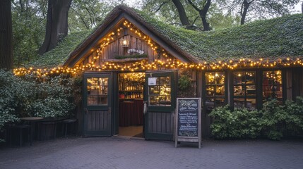 Cozy thatched-roof cottage with fairy lights, open doors, and a menu board.