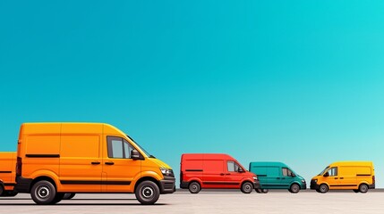 A colorful array of delivery vans parked in vivid hues against a clear blue sky, showcasing modern transport designs.