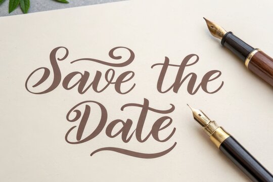 Elegant calligraphy on "save the date" card with vintage pens