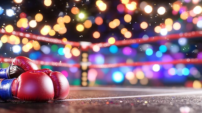Boxing gloves in a festive, glittering boxing ring.