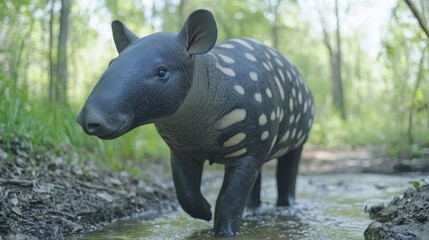 Exploring the dense tropical rainforest, a Malayan tapir approaches a water body