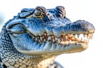 Obraz premium A detailed close-up of a crocodile during an action sequence, with its head highlighted against a white background, and a path included in the frame