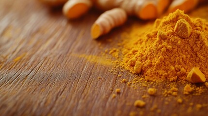 Turmeric powder and root on wood.