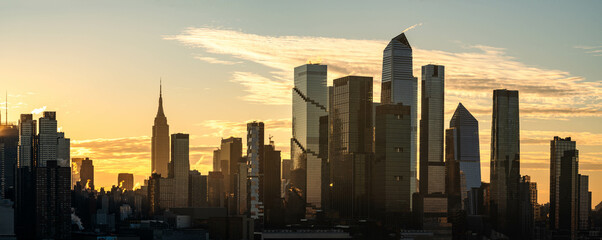 Manhattan skyscrapers skyline, stunning morning light, city scape water reflection, travel...
