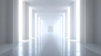 Obraz premium A 3D-rendered, futuristic, empty space corridor with glowing lights and reflections serves as an abstract background, evoking a sci-fi or scientific concept