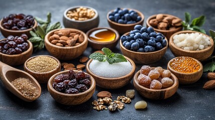 Assorted sweet ingredients in wooden bowls.