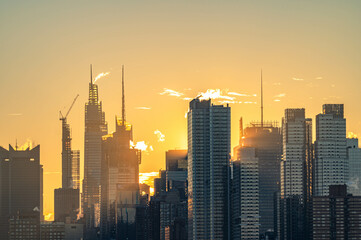 Manhattan skyscrapers skyline, stunning morning light, city scape water reflection, travel...