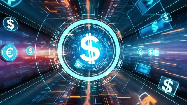 Dynamic digital animation showcasing currency symbols, data flow, and technology, highlighting finance and market context