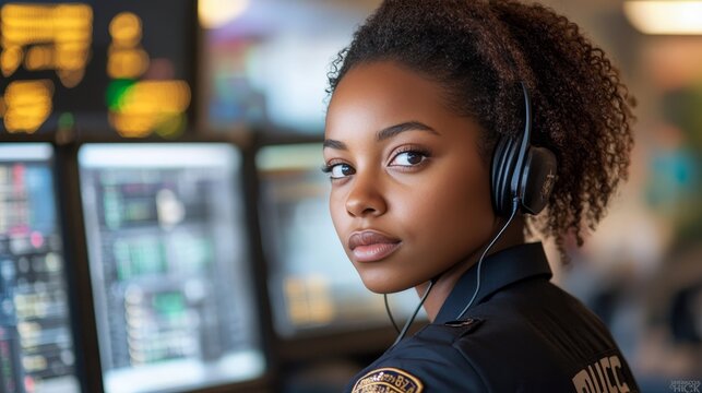 Focused African American Police Dispatcher Working at Computer Terminal in 911 Emergency Call Center - Powered by Adobe