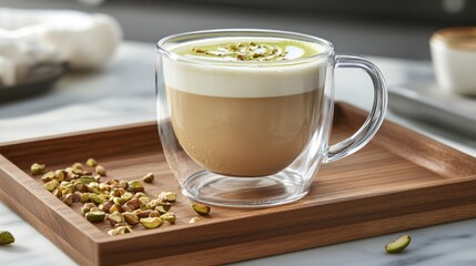 Pistachio latte in double-walled glass on wooden tray.