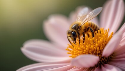 Macro shot of a honeybee pollinating a delicate pink flower, showcasing intricate details and vibrant colors in a 4k high-resolution image. A stunning display of nature's beauty and the vital role 