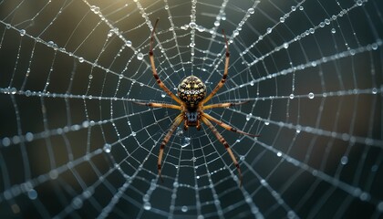 Obraz premium Macro Shot of a Spider on its Web with Dew Drops - 4K High Quality Detailed Image of a Spider in Nature