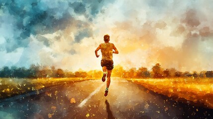 Runner on road at sunset, painted style.