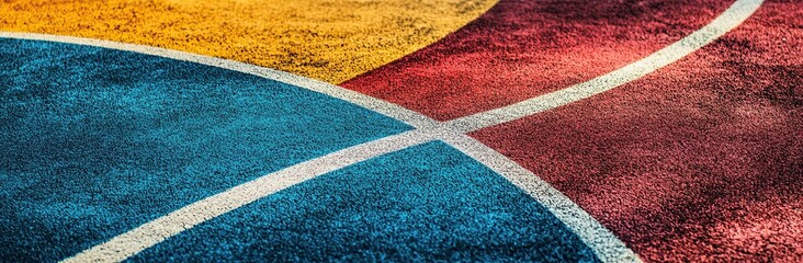 A top-down perspective of a sports field with a red and blue rubber ground, highlighted by white and yellow lines