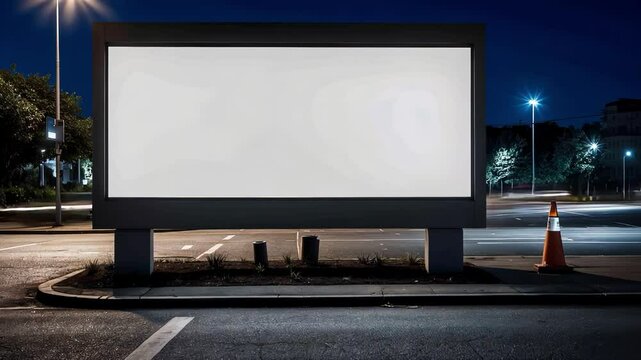 Illuminated blank billboard at night on urban street, evoking solitude and minimalism with potential advertising implications