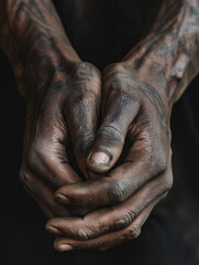Fototapeta premium Close-up of a gang member’s hands clasped together, detailed tattoos and rugged textures visible, ideal for themes of resilience