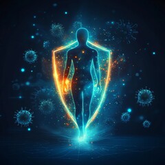 Digital Illustration: Human Figure with Protective Shield and Viruses