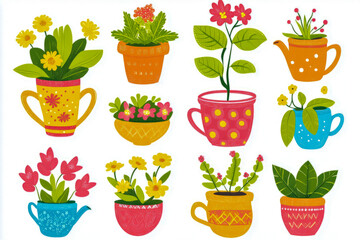 Colorful floral arrangements in decorative pots with vibrant patterns