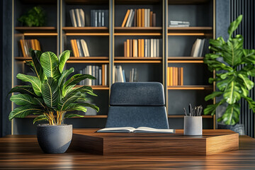 well-lit office room with a stylish bookcase, creating an ideal Zoom virtual background for professional meetings or virtual events