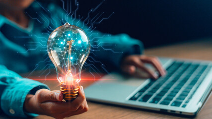 Hand-holding illuminated light bulb, concept creativity with bulbs that shine glitter. Inspiration of ideas for sustainable business development. Idea innovation and inspiration concept. © FAMILY STOCK