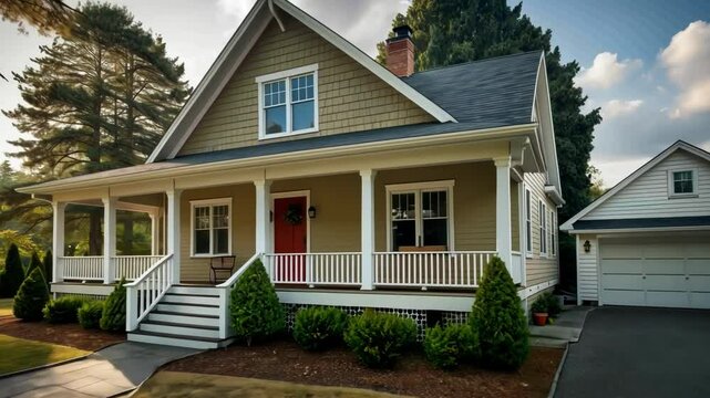 Charming house exterior with porch, greenery, and driveway under warm sunlight, creating inviting suburban atmosphere