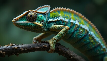 Obraz premium Vibrant Green Chameleon Macro Shot: 4K Ultra HD Wildlife Photography - Exotic Reptile in Lush Tropical Forest