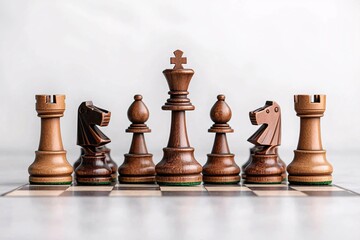 A stunning arrangement of wooden chess pieces poised for an epic battle on a beautifully crafted chessboard.