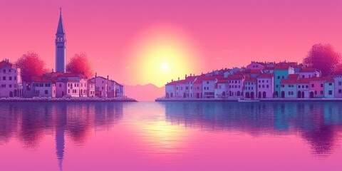 Naklejka premium Stunning Pink Sunset Over Serene Coastal Village with Tower and Calm Waters - Vibrant Panorama of Mediterranean Architecture Reflecting on Tranquil Sea