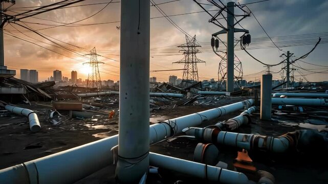 Desolate urban landscape with broken pipes and power lines under a dramatic sunset, reflecting themes of destruction and isolation
