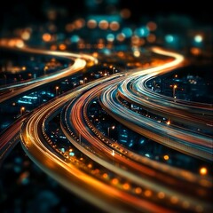Elevated View of Illuminated Highway Interchange at Night