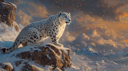 Majestic snow leopard perched on a snow-covered rock, overlooking a stunning mountain range during a snowstorm at sunset.