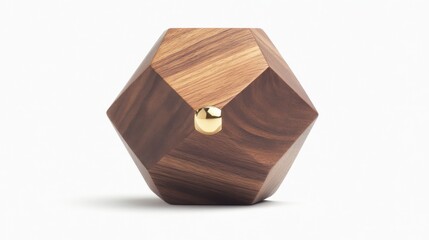 Geometric walnut wood object with gold detail.