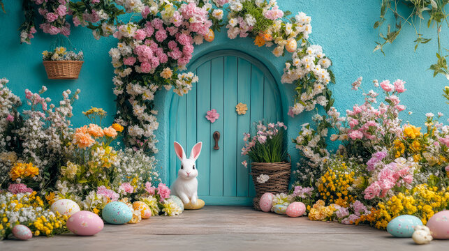 Whimsical easter scene with bunny and colorful flowers at blue door