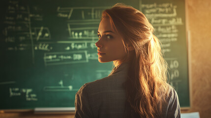 “young caucasian female in classroom with glowing light on hair and math equations on chalkboard”