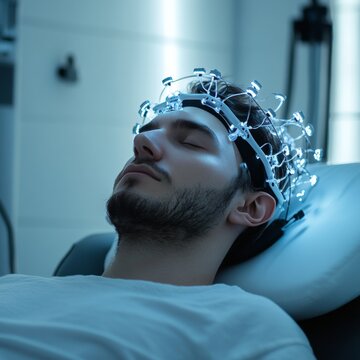 Young Man Undergoing EEG or tDCS Procedure